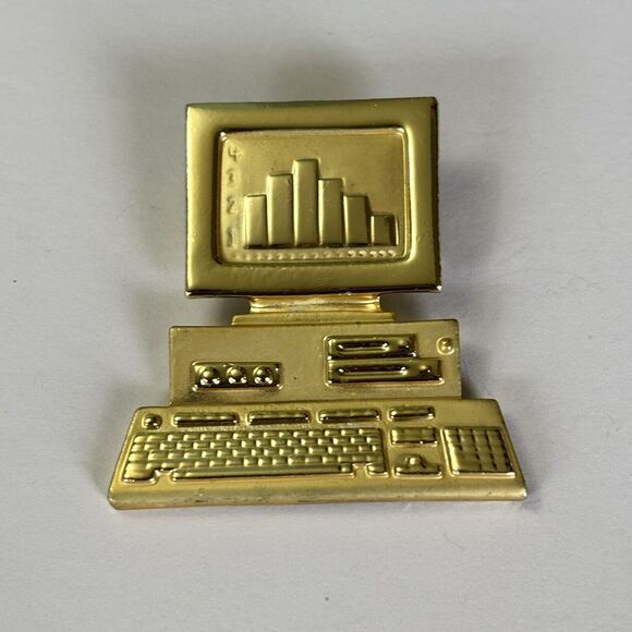 Vintage AJC Home Computer PC Figural Gold Tone  Brooch 2 inches - Picture 2 of 5
